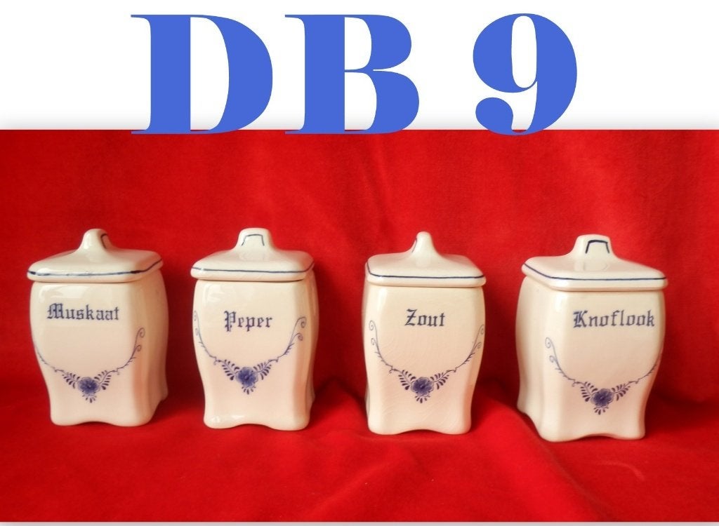 DB9 - Vier Delfts blauwe kruiden potjes met hanger motief, Ophalen of Verzenden, Huis en Inrichting