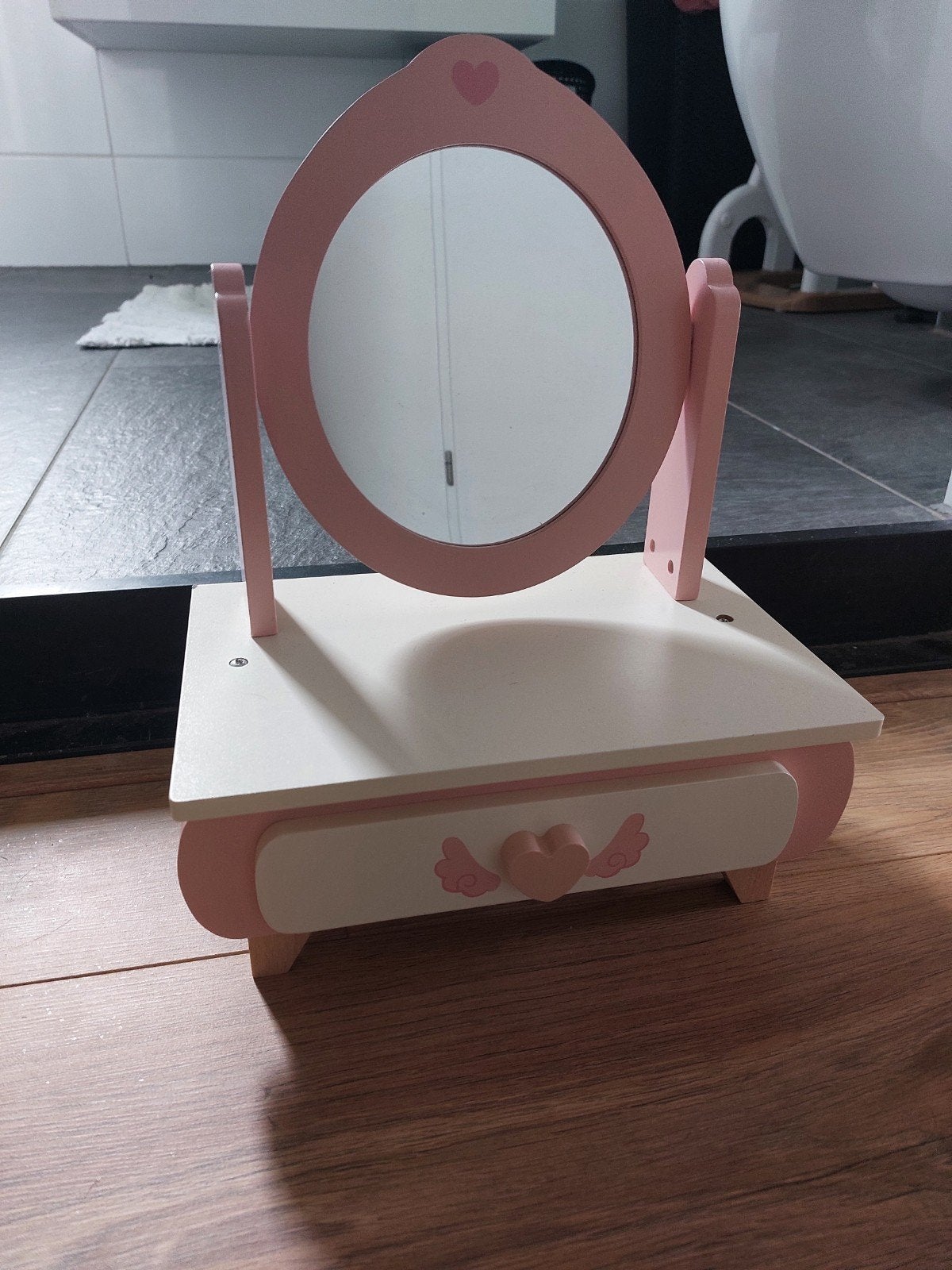 Houten kaptafel met spiegel en lade - Roze/Wit, Ophalen of Verzenden, Zo goed als nieuw