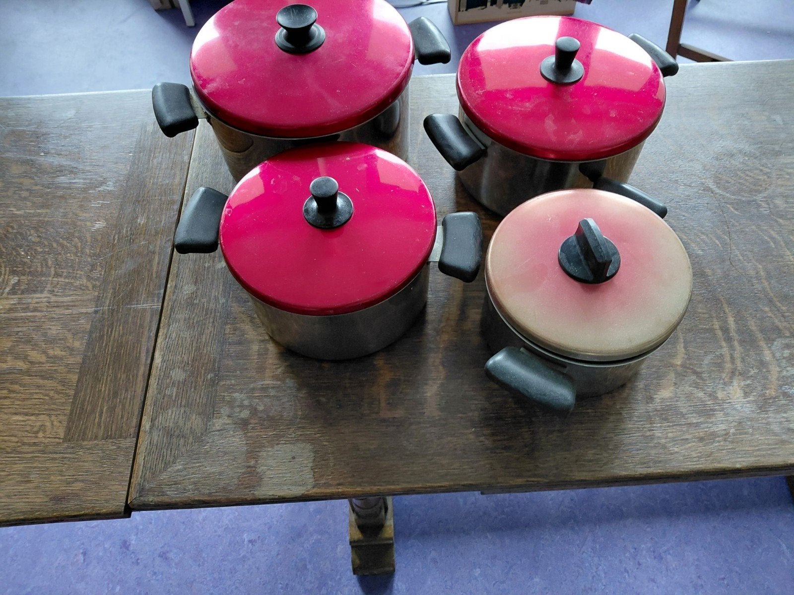 Vintage Sigg pannenset - 4 roestvrijstalen pannen met deksel, Gebruikt, Pannenset, Ophalen of Verzenden, Rvs
