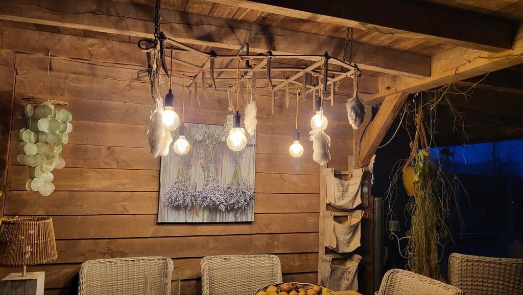 Unieke rustieke plafondlamp met 8 lichtpunten, Ophalen, Minder dan 50 watt, Hout, Netvoeding