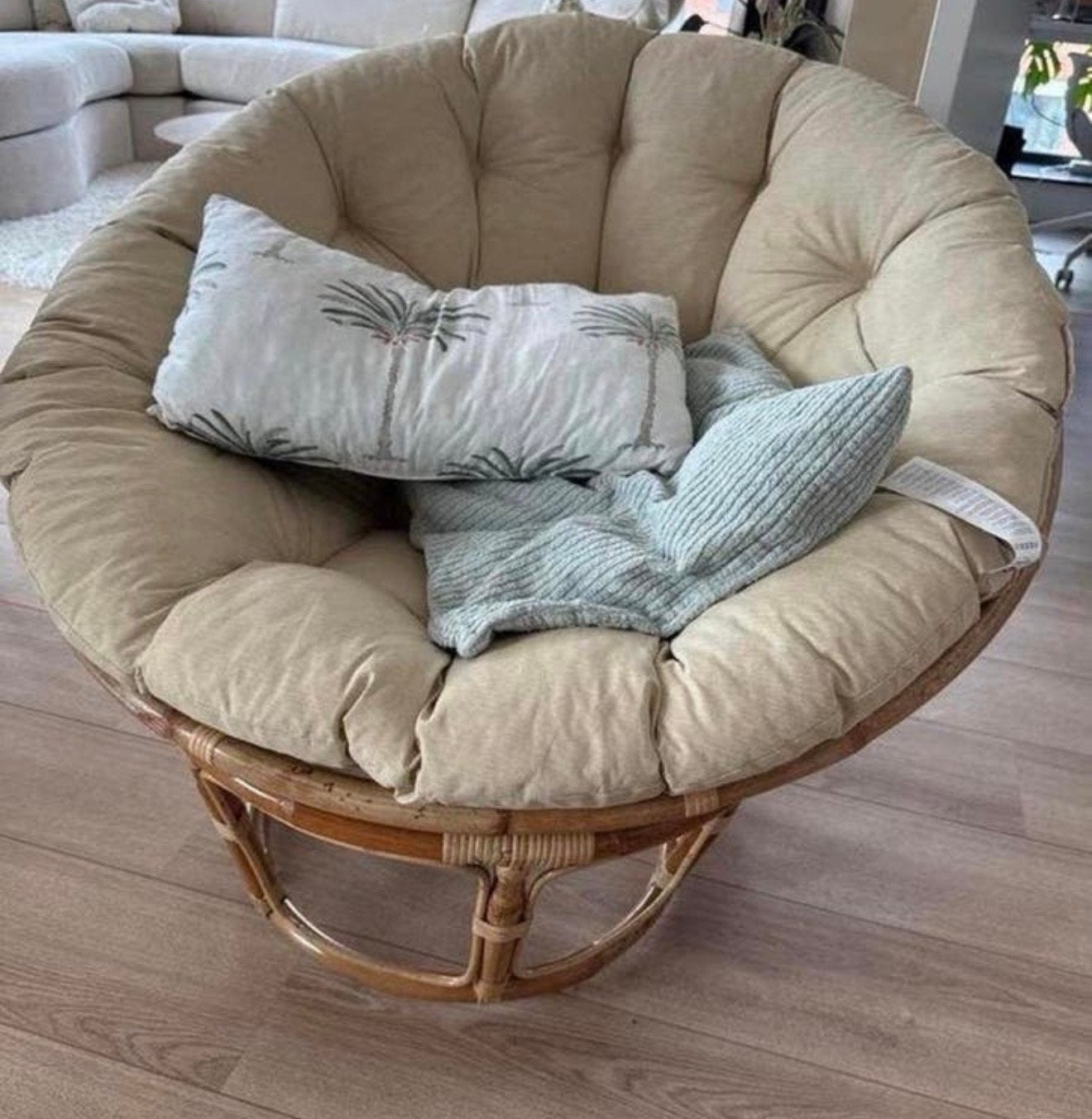 Comfortabele Papasan stoel met crèmekleurig kussen, Ophalen, Nieuw, Riet of Rotan, 75 tot 100 cm