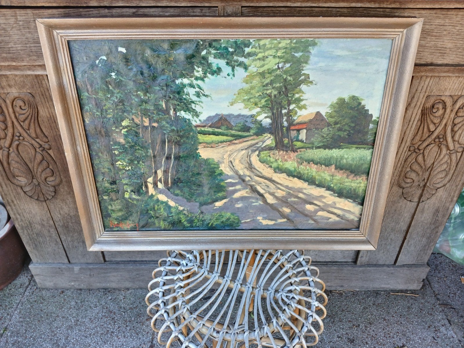 Olieverfschilderij Landschap met Boerderijen, Antiek en Kunst, Kunst | Schilderijen | Klassiek, Ophalen of Verzenden