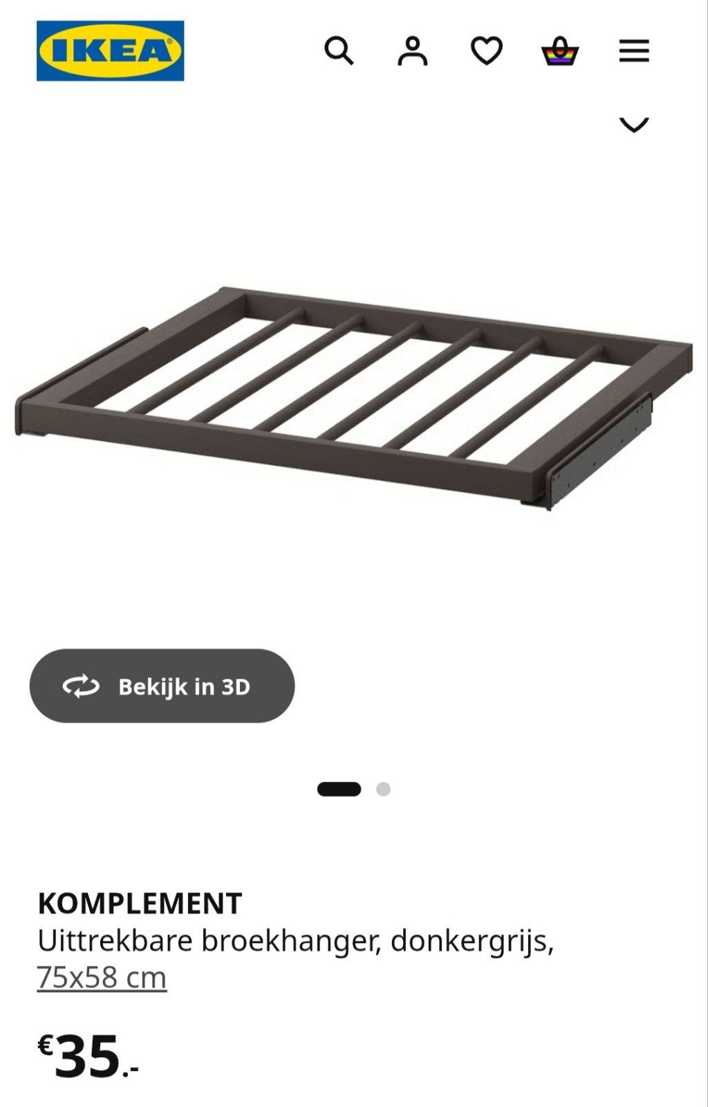 IKEA 2x KOMPLEMENT Uittrekbare broekhangers, donkergrijs, Ophalen, 50 tot 100 cm, Zo goed als nieuw, Minder dan 100 cm
