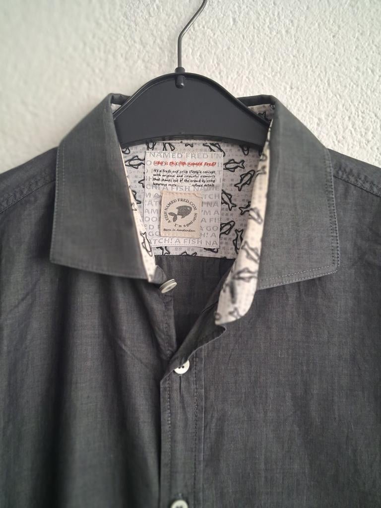 A Fish Named Fred overhemd met vissenprint, maat L, Ophalen of Verzenden, Zo goed als nieuw, Halswijdte 41/42 (L), Grijs
