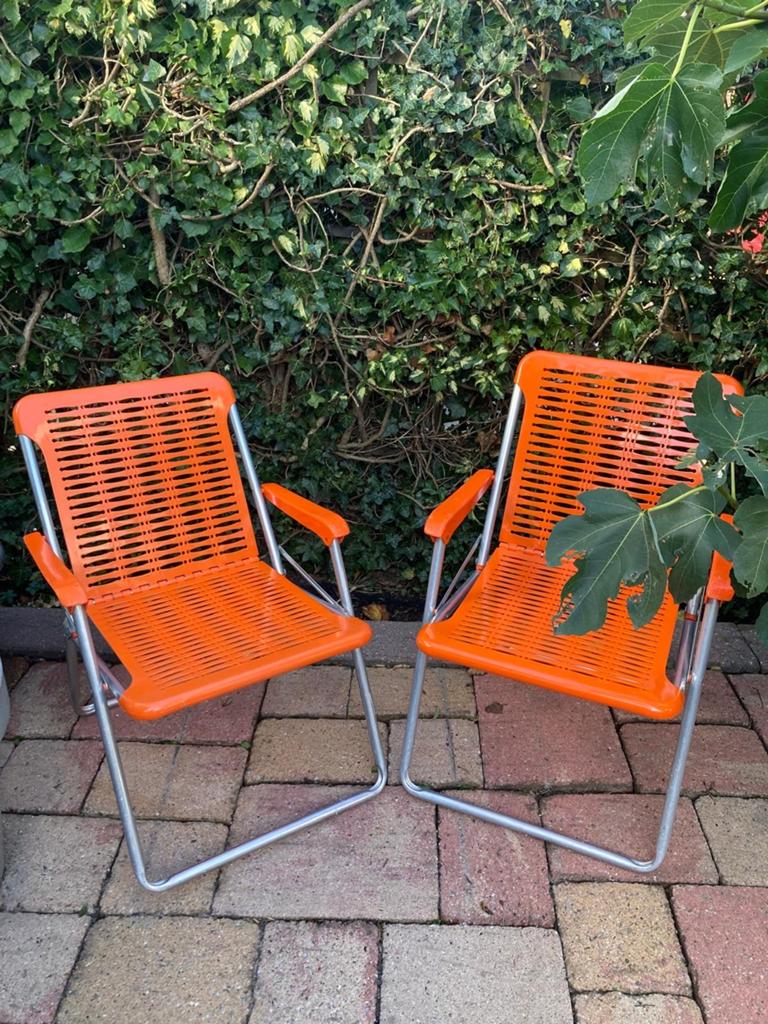 ==GAAF== Vintage Retro oranje tuinstoelen 2 stuks, Ophalen of Verzenden, Gebruikt, Kunststof