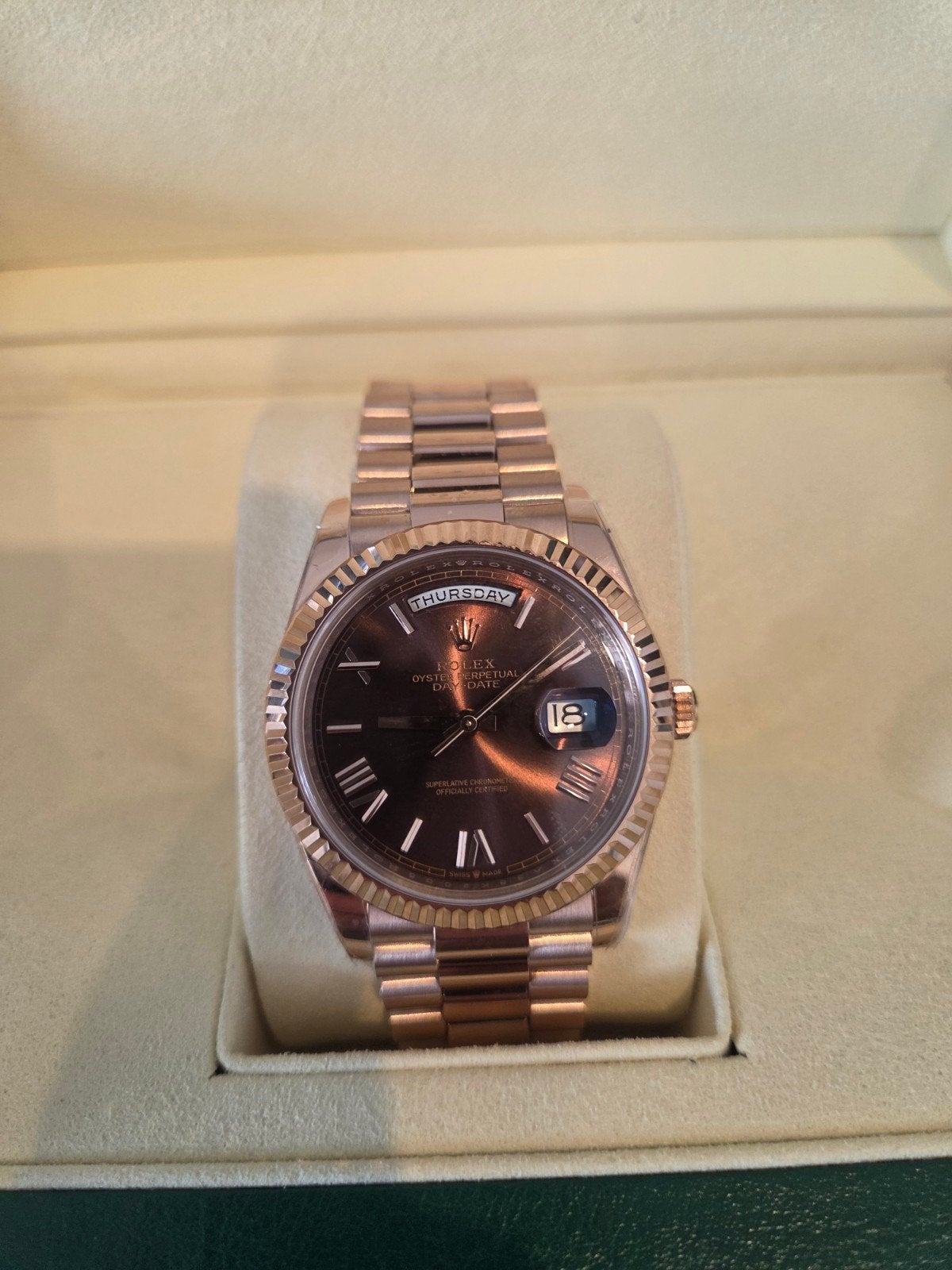 rolex daydate goud chocolat roman dial, Ophalen of Verzenden, Goud, Goud, Rolex