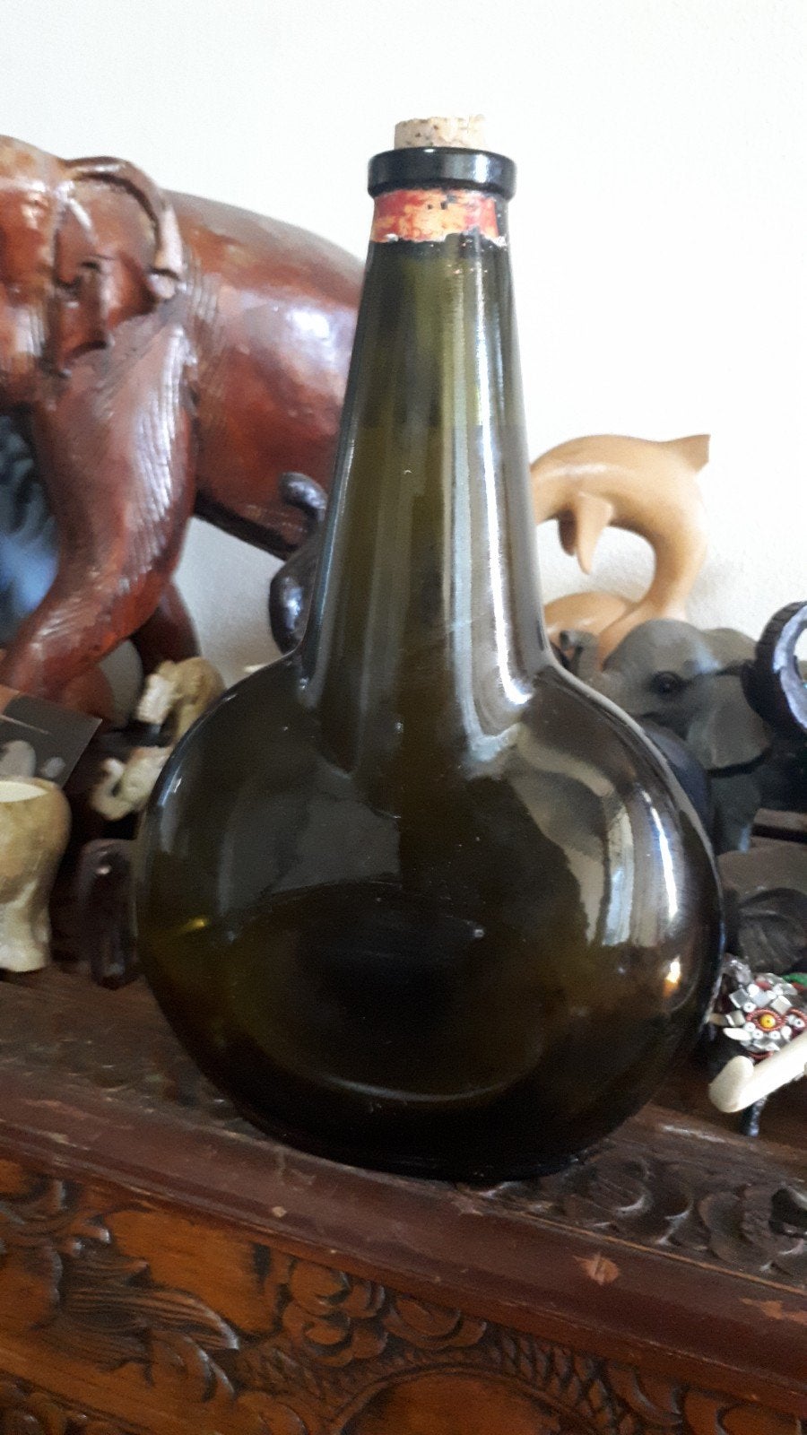 Fles:Antieke diepgroene fles met kurk, 26 cm, Ophalen of Verzenden