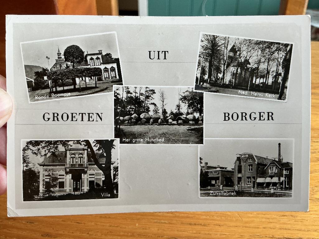 Borger met o.a. hunebed, Verzamelen, Ansichtkaarten | Nederland, Verzenden, 1940 tot 1960, Gelopen, Drenthe