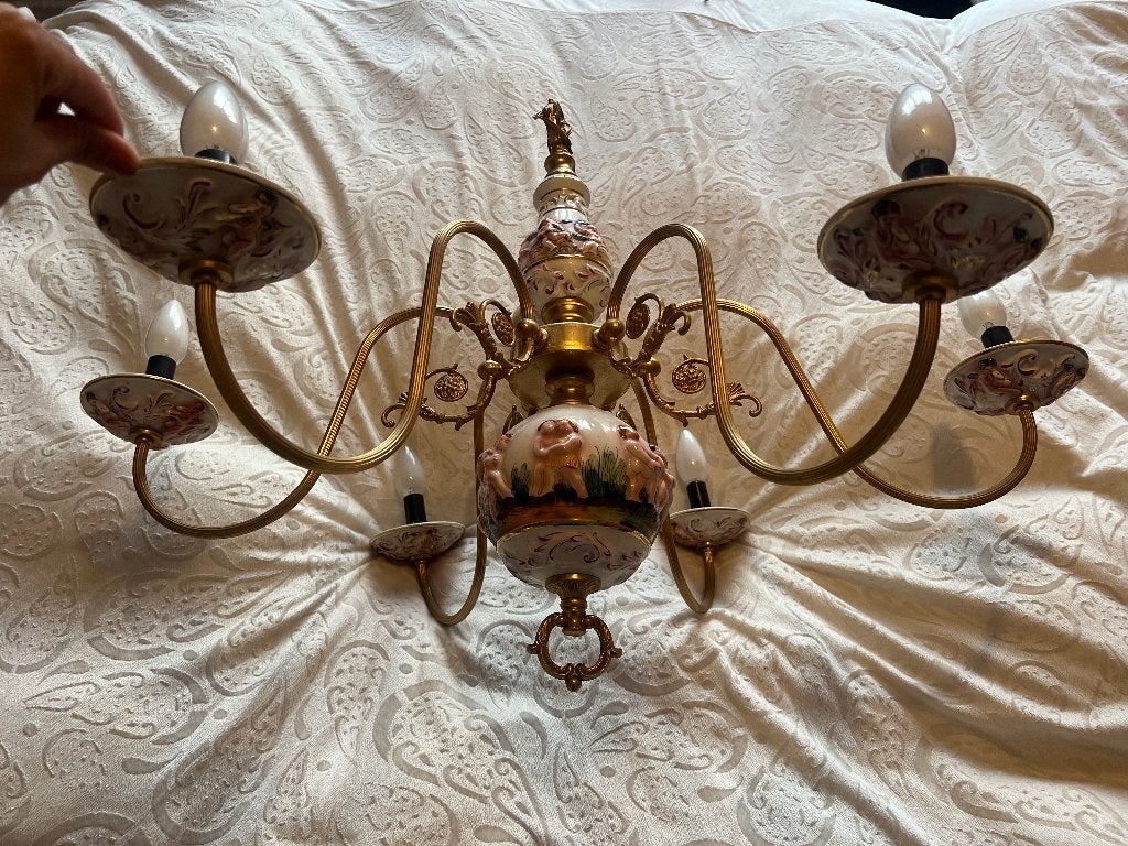 Hanglamp kroonluchter Goud antiek met Engeltjes, Ophalen