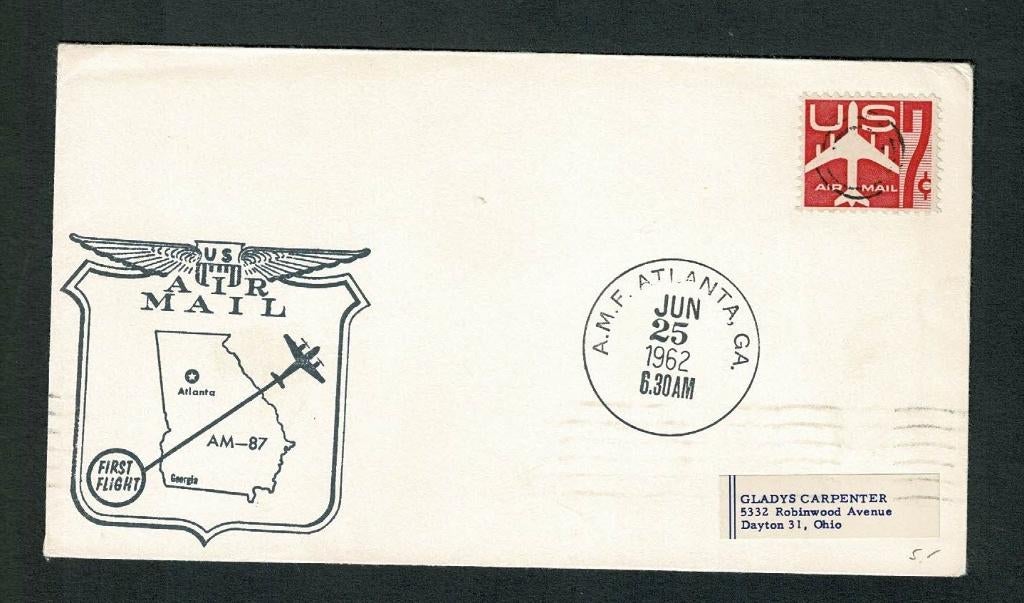 U.S.airmail first flight AM-87 Atlanta-Washington 25.6.1962, Verzamelen, Verzenden, Gebruikt, Kaart, Foto of Prent