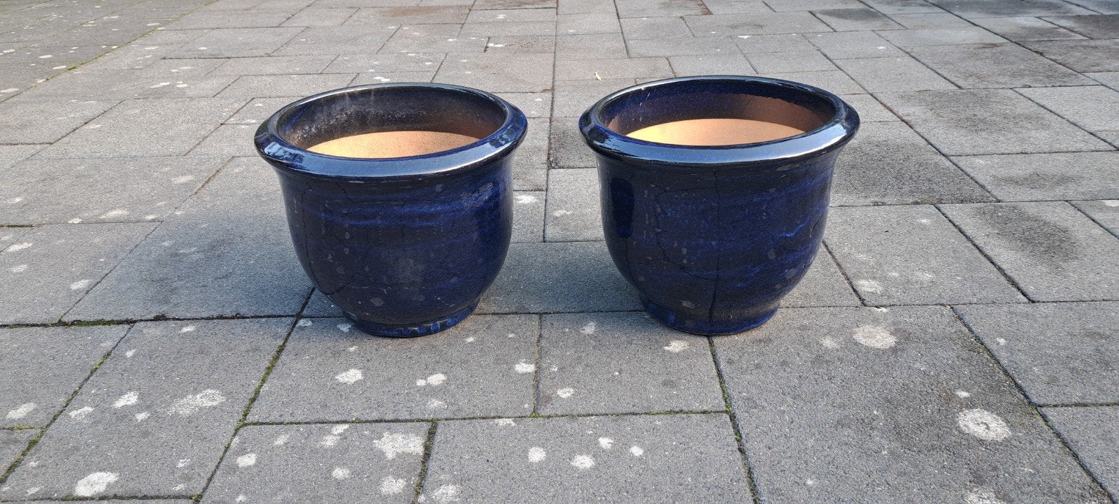Set van 2 blauwe geglazuurde keramische bloempotten, Gebruikt, Minder dan 40 cm, Aardewerk, Ophalen
