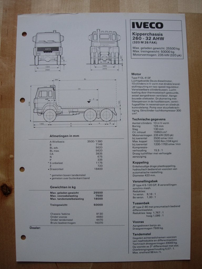 Iveco 260.32 AHW 6x6 Technische Specificatie Brochure 1984, Iveco, Ophalen of Verzenden, Zo goed als nieuw, Overige merken