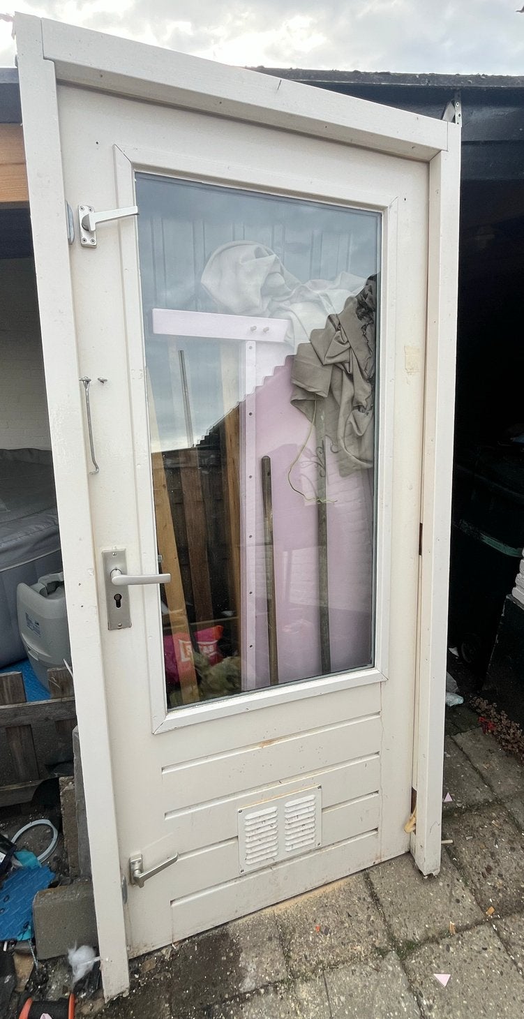 Hardhouten Buitendeur met Kozijn - Gebruikt, Ophalen, Gebruikt, Buitendeur, 200 tot 215 cm