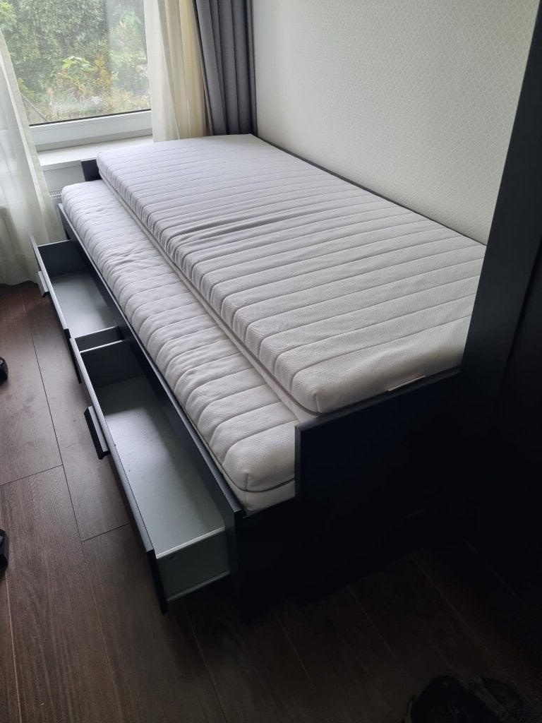 Zwart uitschuifbaar bed met lades en matrassen, Ophalen, Verstelbaar, 90 cm, Zwart