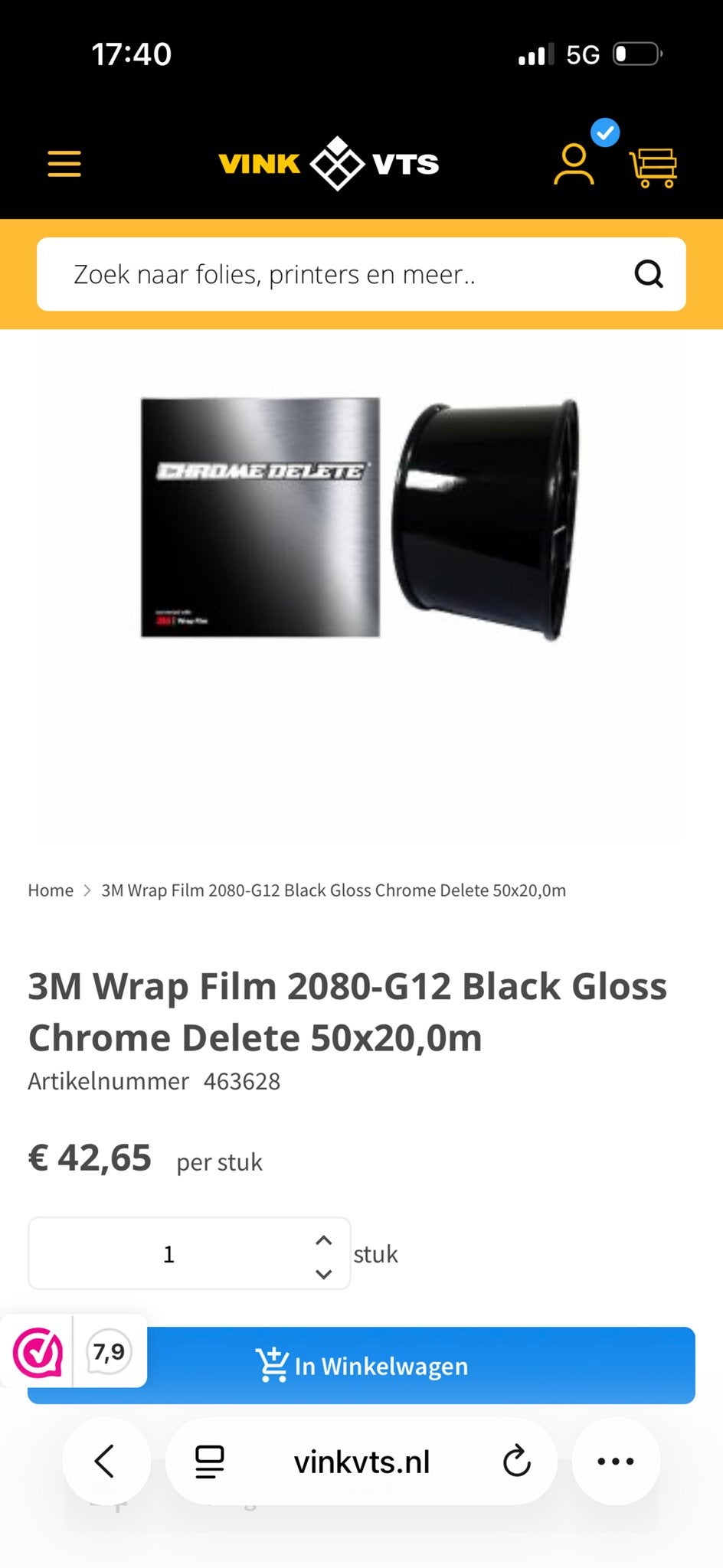 3M Wrap Folie 2080-G12 Zwart Glans Chrome Delete 50cm x 20m, Ophalen of Verzenden