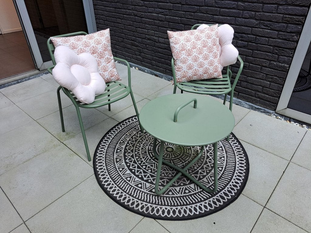 Tuinset bistroset Kwantum Napels + buitenkleed en kussens, Gebruikt, Bijzettafel, Tuinset, Ophalen