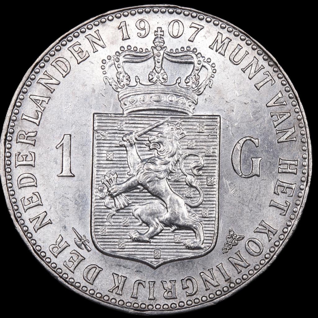 Gulden 1907. Pr/ Unc., 1 gulden, Zilver, Ophalen of Verzenden, Koningin Wilhelmina