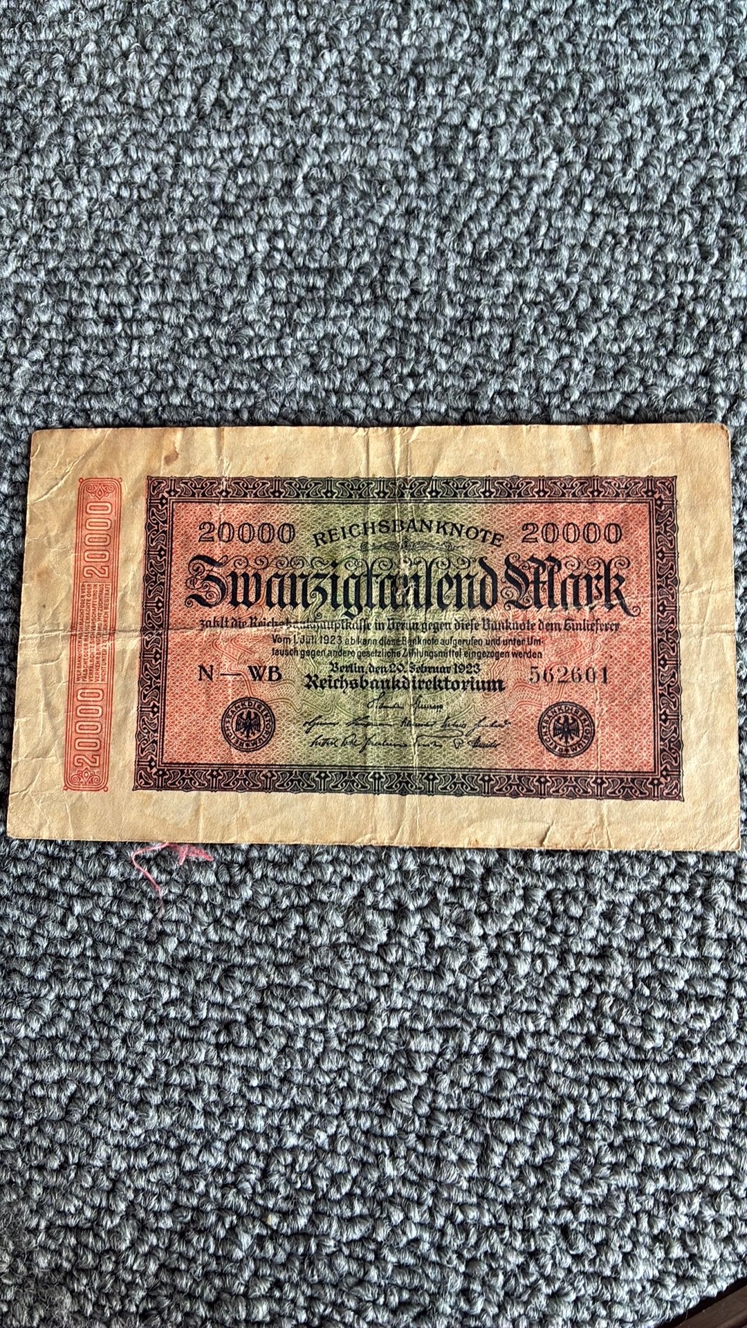 Duitsland 20.000 mark 1923, Postzegels en Munten, Bankbiljetten | Europa | Niet-Eurobiljetten, Ophalen of Verzenden, Duitsland