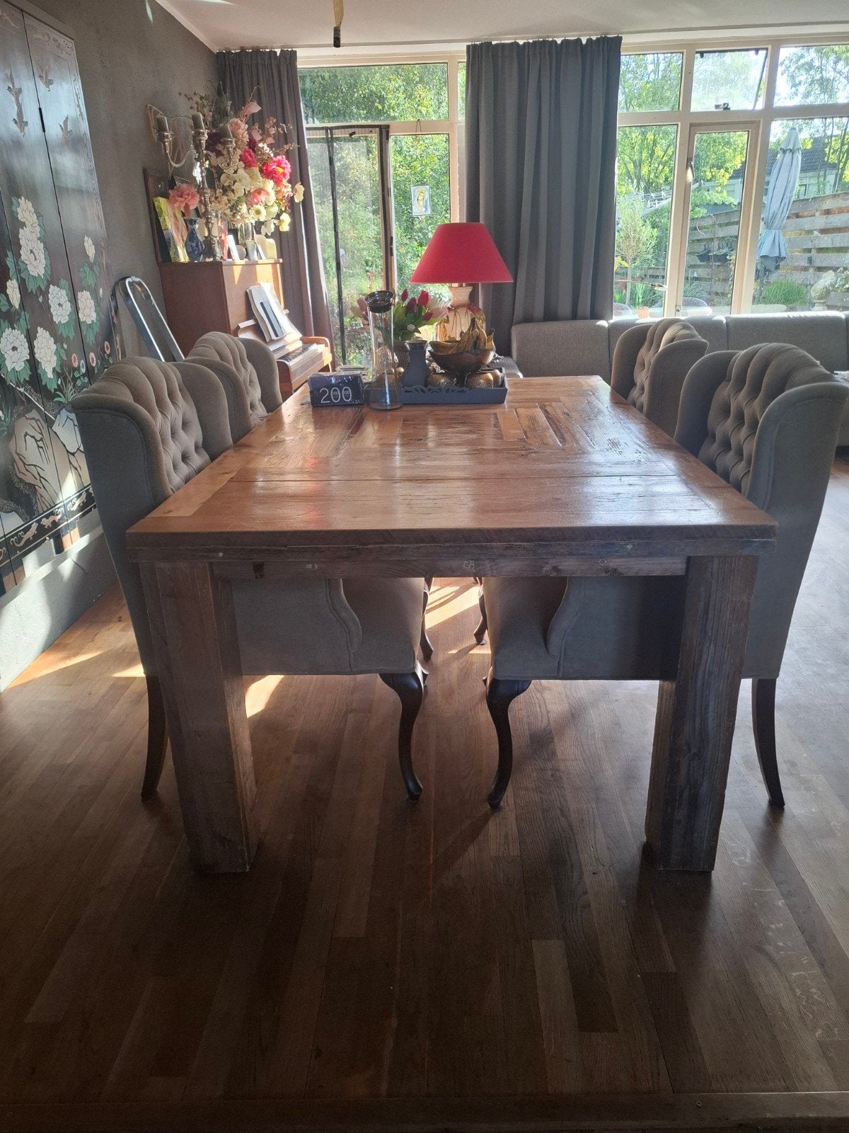 Stevige, gelakte steigerhouten eettafel, Gebruikt, 100 tot 150 cm, Ophalen of Verzenden, 150 tot 200 cm