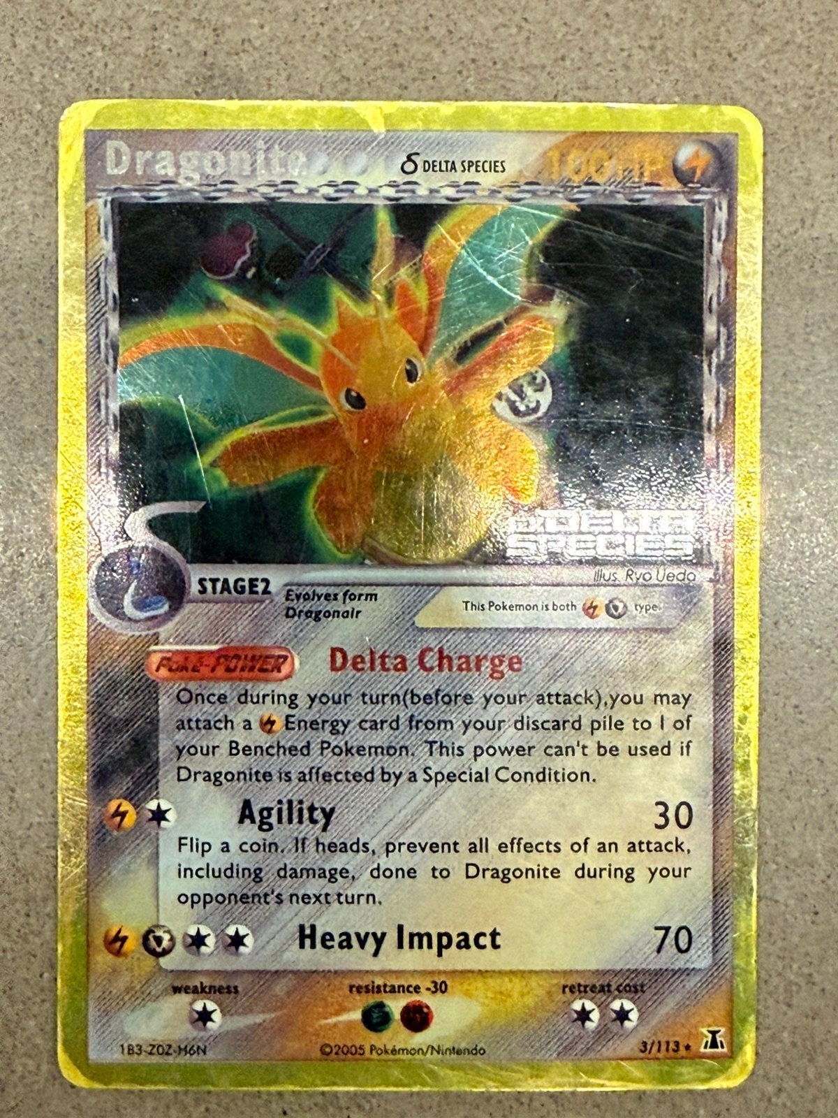 Dragonite δ (Delta Species) #3/113 Reverse Holo (2005), Ophalen of Verzenden, Gebruikt, Losse kaart, Foil