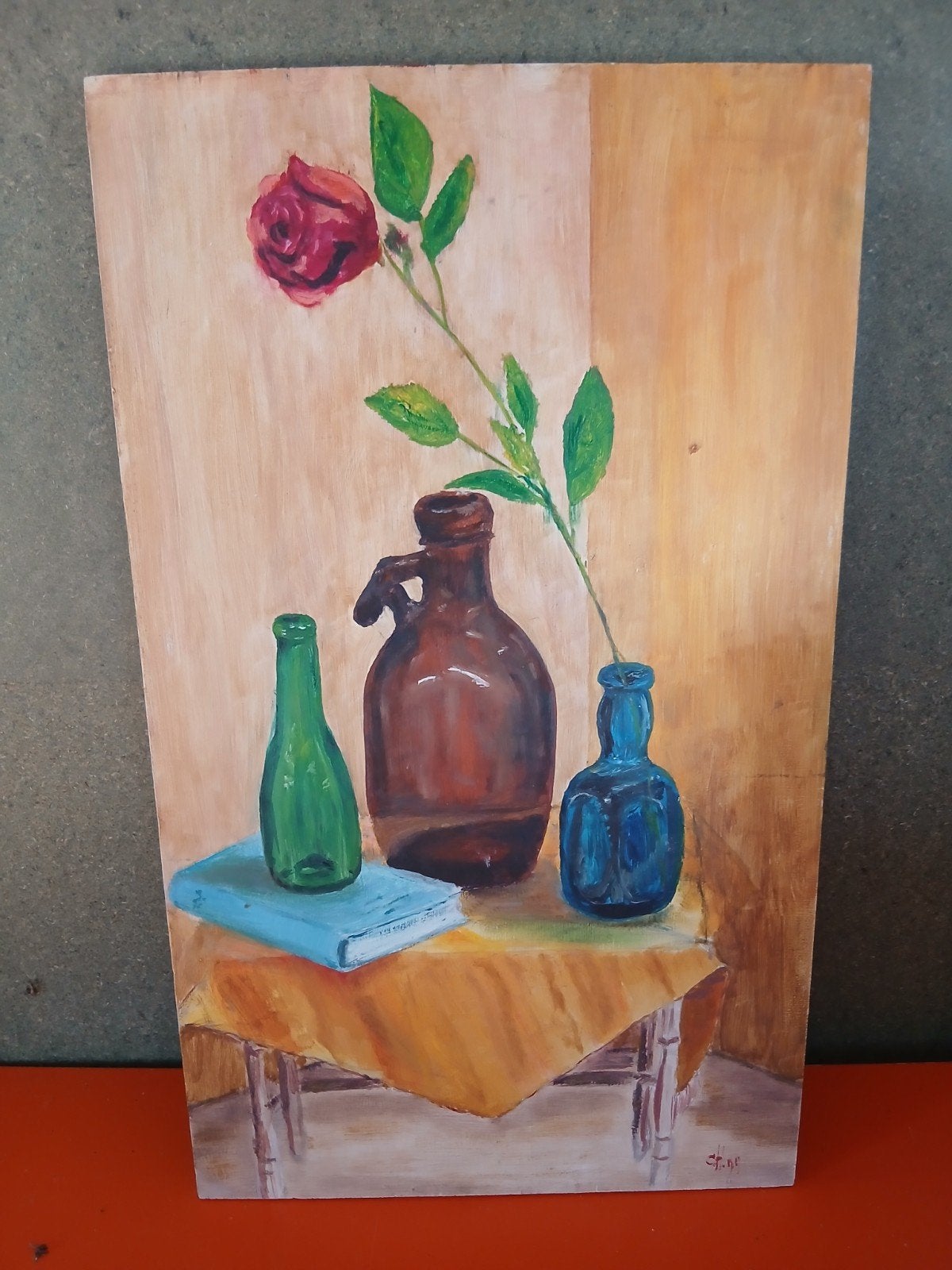 Stilleven met roos en flessen - Olieverf op paneel, Antiek en Kunst, Ophalen of Verzenden