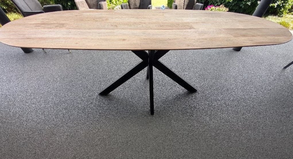 Eettafel 220x100 Duke - Teak met Zwart Metalen Spinpoot, Ophalen, Teakhout, 200 cm of meer, 50 tot 100 cm