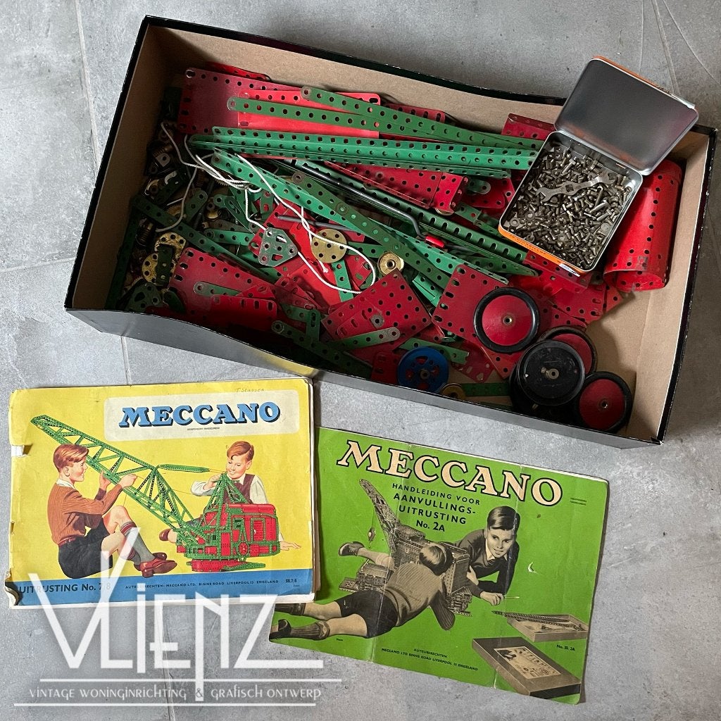 Doos vintage speelgoed Meccano met twee boekjes 1955 1958, Verzamelen, Gebruikt, -, -, Ophalen of Verzenden