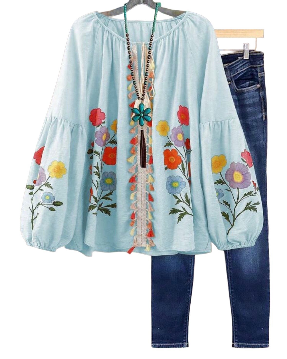 blouse met bloemenprint en kwastjes Blauw (44-52), Kleding | Dames, Grote Maten, Verzenden, Nieuw, Blauw, Blouse of Tuniek