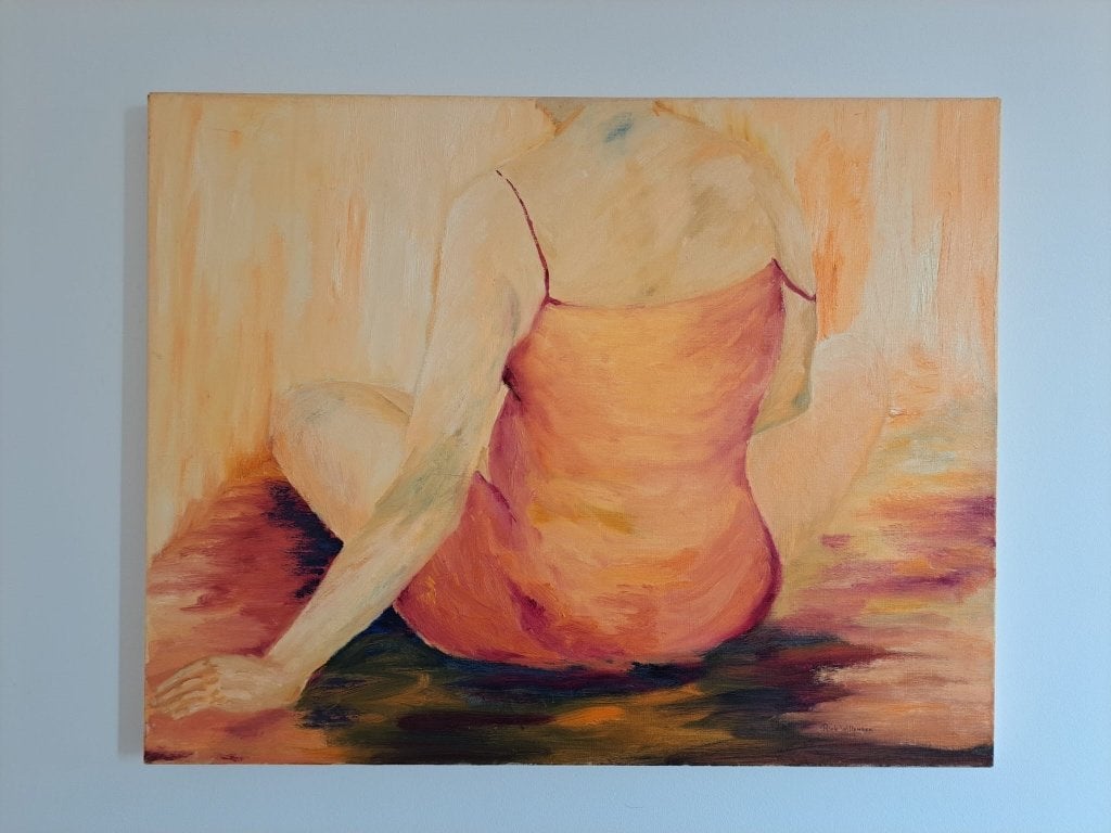 Schilderij zittende vrouw in jurk 95x75cm, Antiek en Kunst, Kunst | Schilderijen | Modern, Ophalen, Figuren, Handgeschilderd, Olieverf