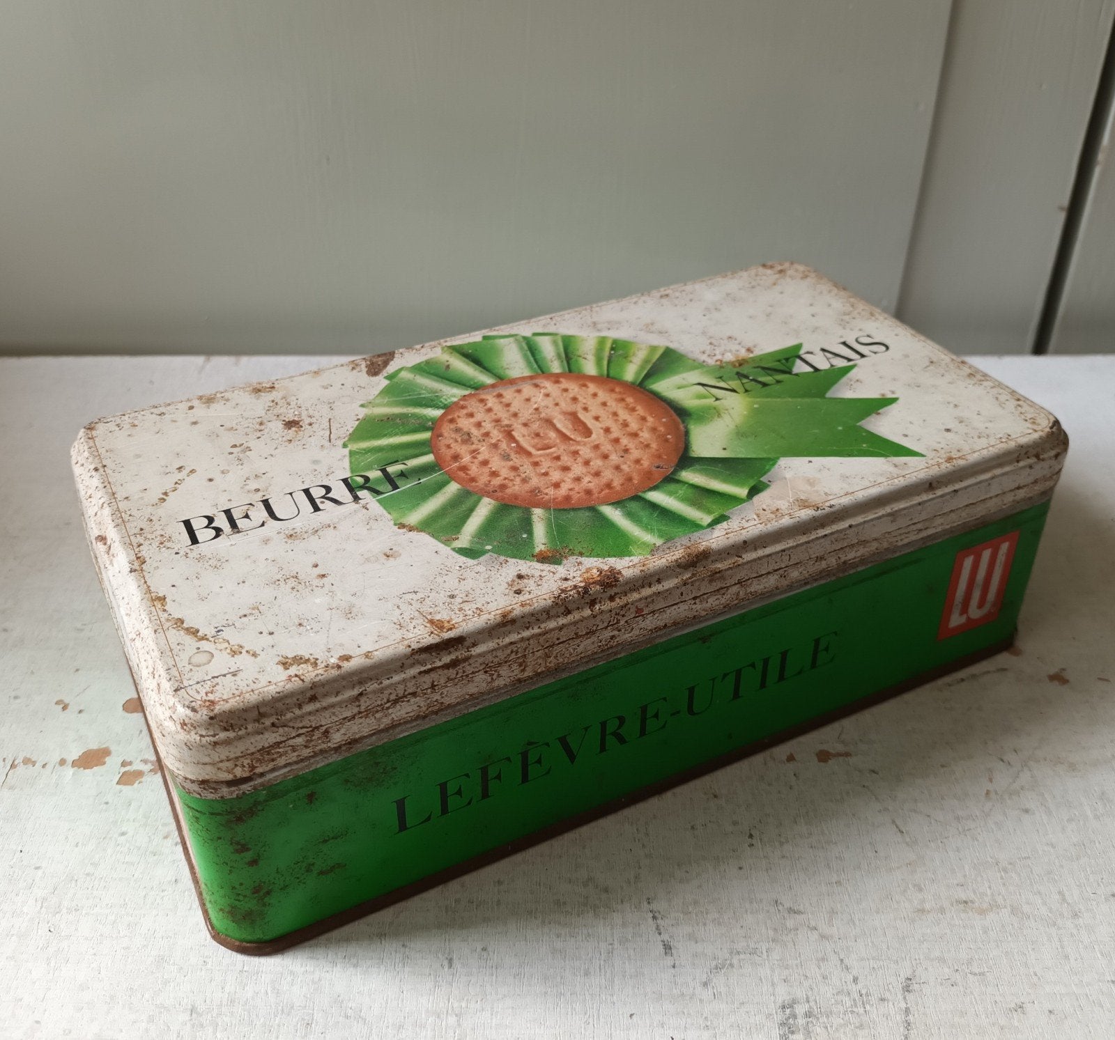 Vintage LU Beurre Nantais koekblik - Groen/Wit, Ophalen of Verzenden, Gebruikt, Koek(jes)