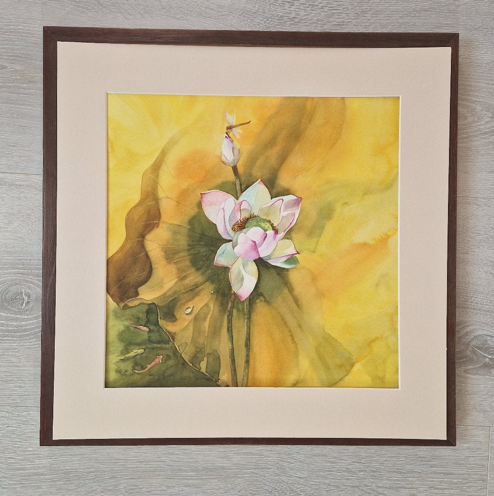 Handgeschilderde aquarel in Gongbi-stijl – lotus – 40x40 cm, Antiek en Kunst, Ophalen, Aquarel, Papier/karton, Passe-partout
