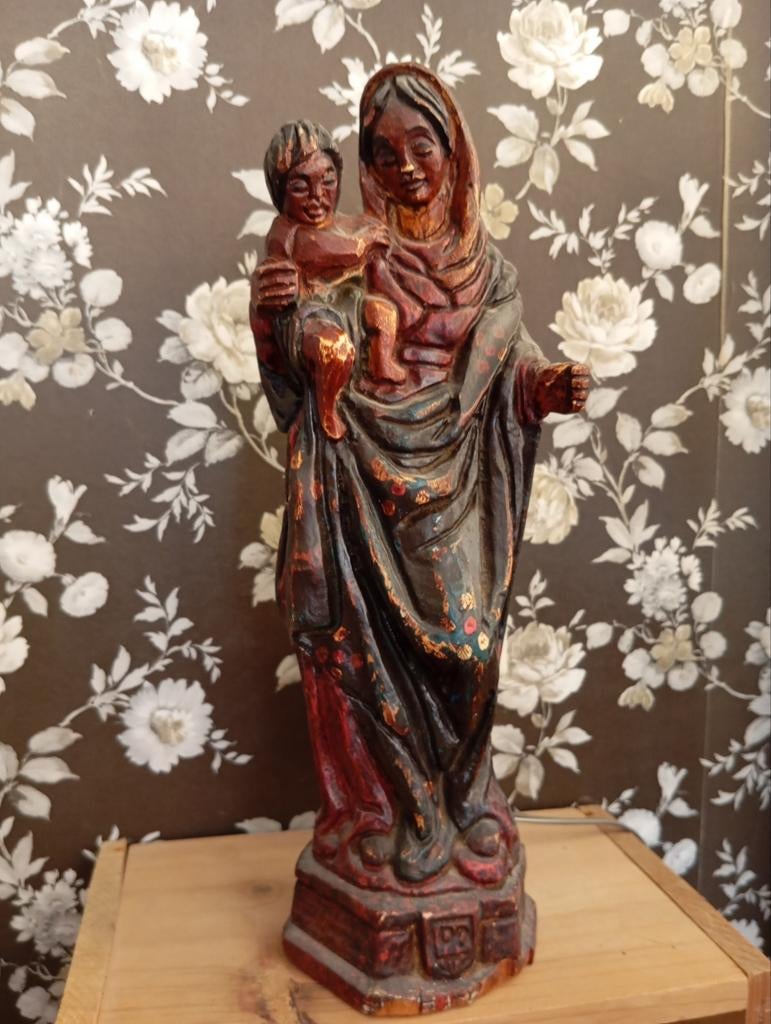 Antiek houten Mariabeeld met kind, handgesneden, Antiek en Kunst, Antiek | Religie, Ophalen