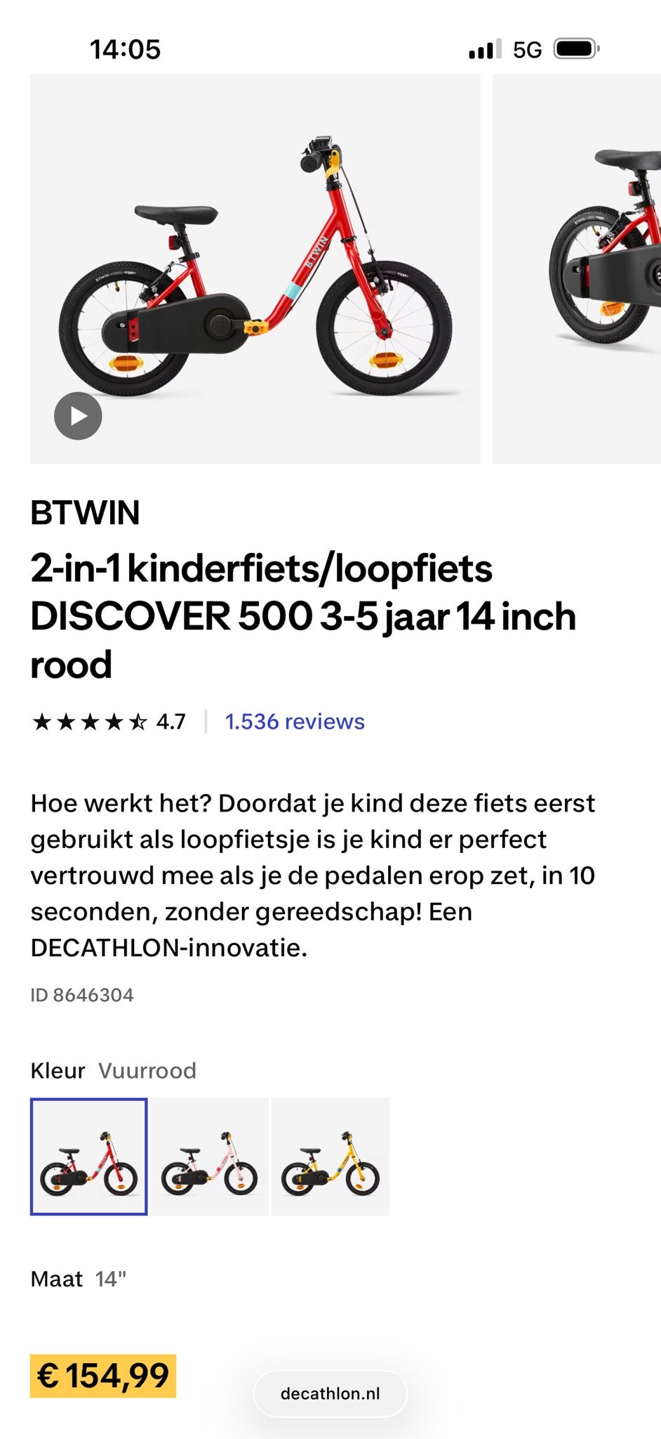 B'TWIN 2-in-1 Kinderfiets/Loopfiets DISCOVER 500 14 inch, Ophalen of Verzenden, Gebruikt, Velgrem, Minder dan 16 inch