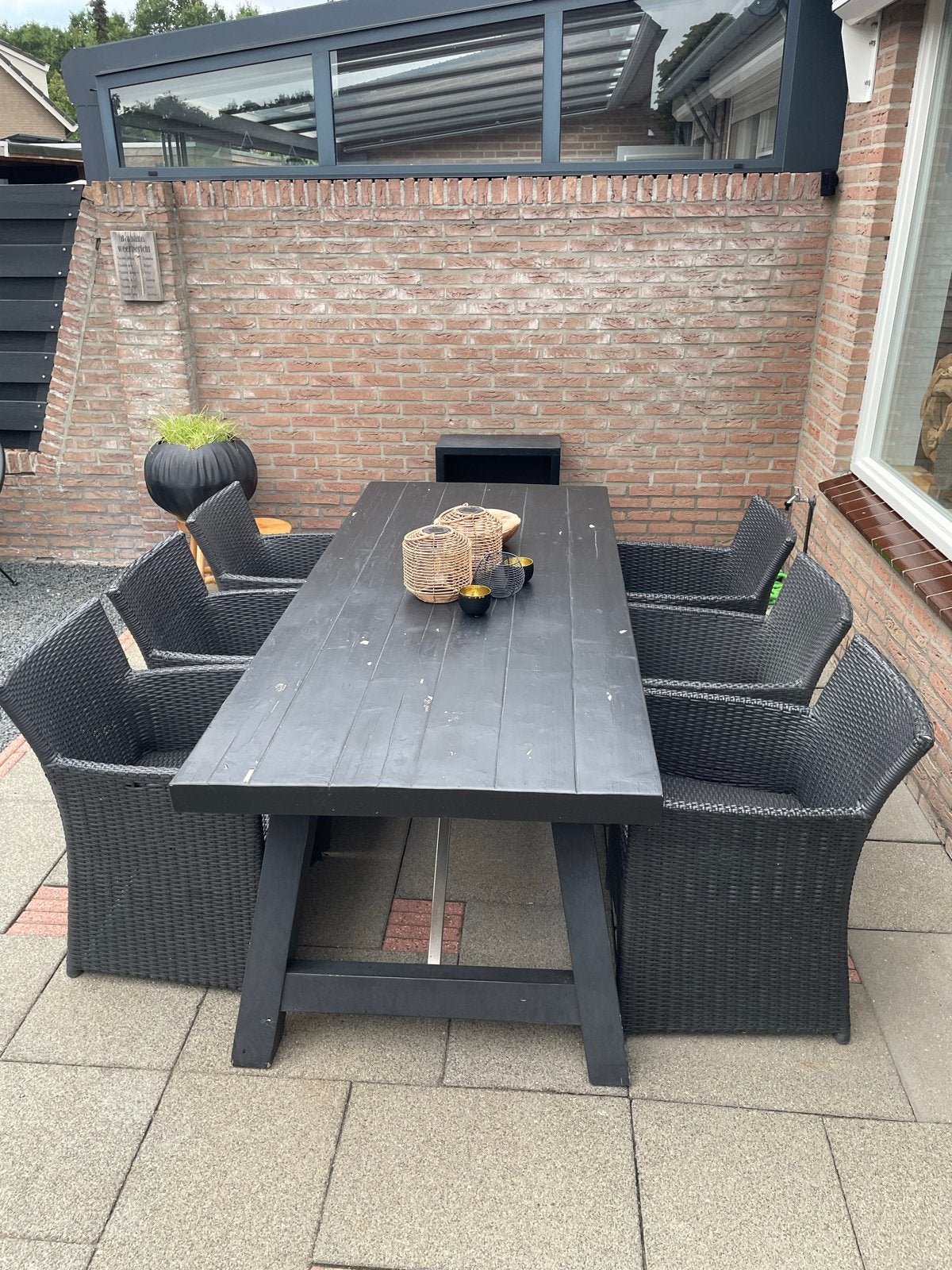 Zware Houten Tuintafel met 6 Royal Patio stoelen, Ophalen, Gebruikt, Hout