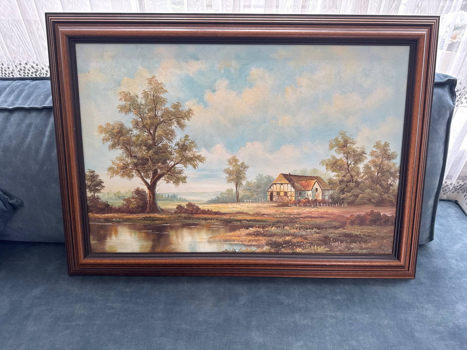 Schilderij Landschap met Boerderij en Water, Antiek en Kunst, Doek, Realistisch, Ophalen of Verzenden, Landschap