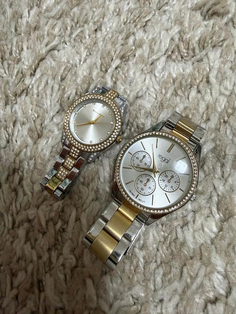 Set van 2 stijlvolle dameshorloges met strass, Sieraden, Tassen en Uiterlijk, Horloges | Dames, Zo goed als nieuw, Polshorloge
