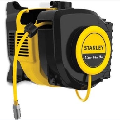 Stanley Luchtcompressor 8 bar met 9m haspel - Wandmontage, 6 tot 10 bar, Ophalen of Verzenden, Zo goed als nieuw, Minder dan 200 liter/min