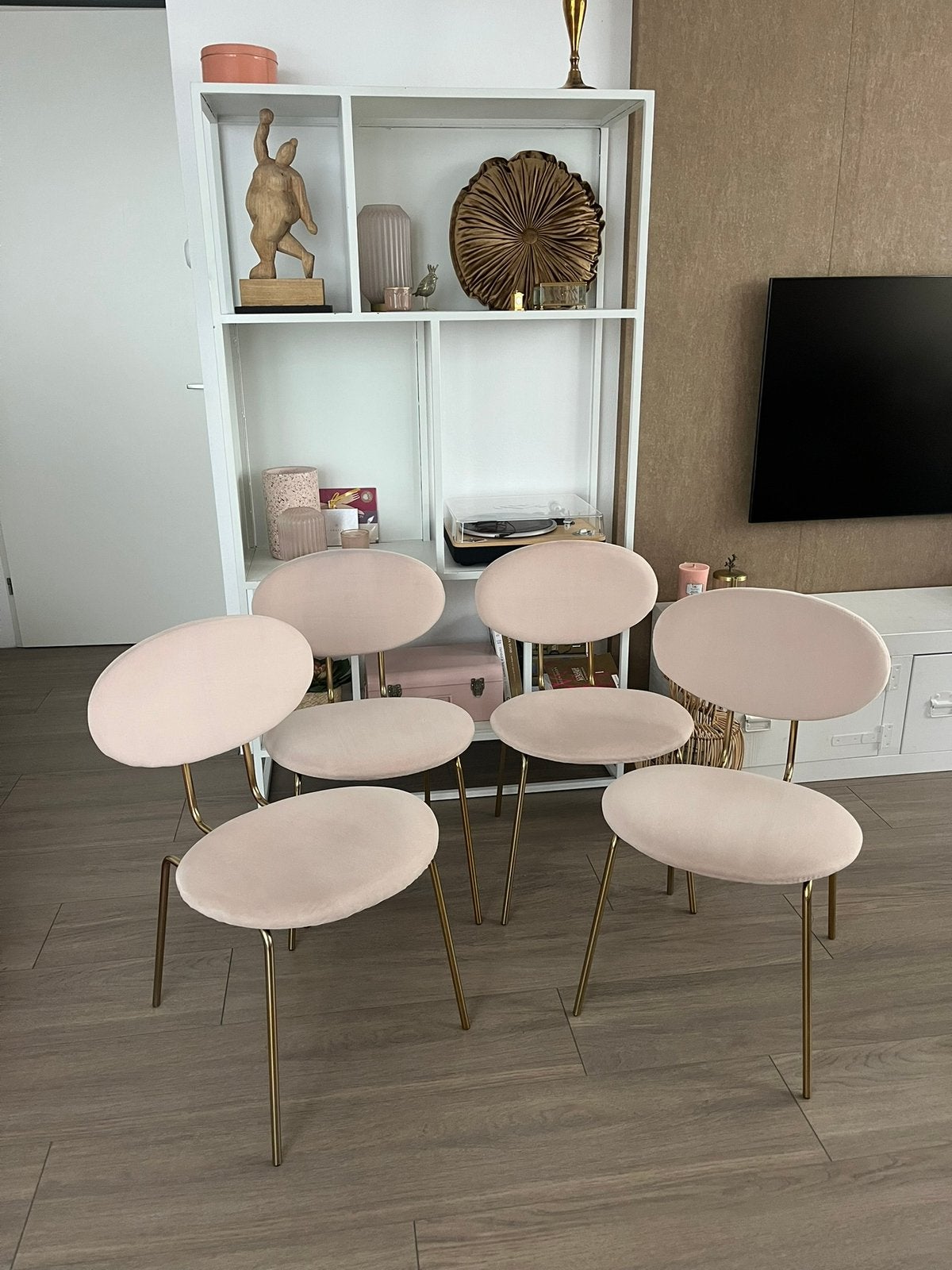 Eetkamerstoelen, set van 4, kleur zacht roze, Furnified, Ophalen, Gebruikt, Overige kleuren, Stof