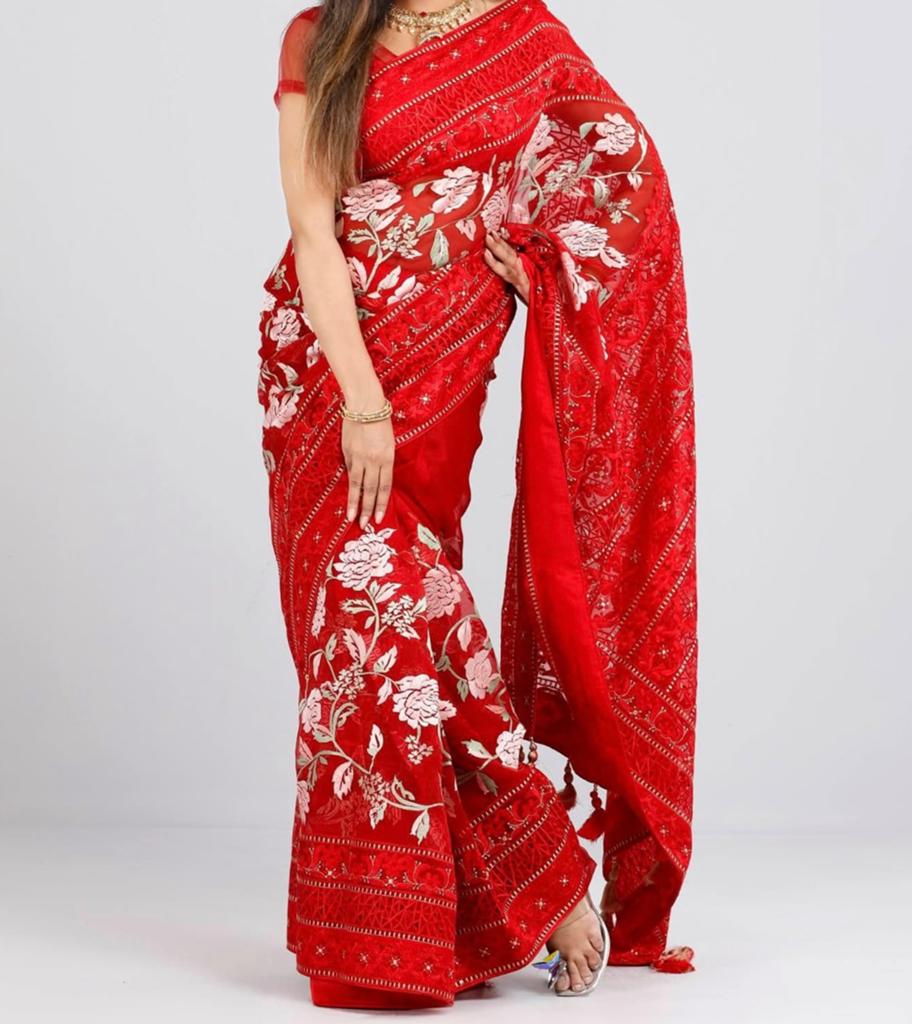 Nieuwe Saree met blouse en tassles, Kleding | Dames, Jurken, Ophalen of Verzenden, Nieuw, Maat 42/44 (L), Rood