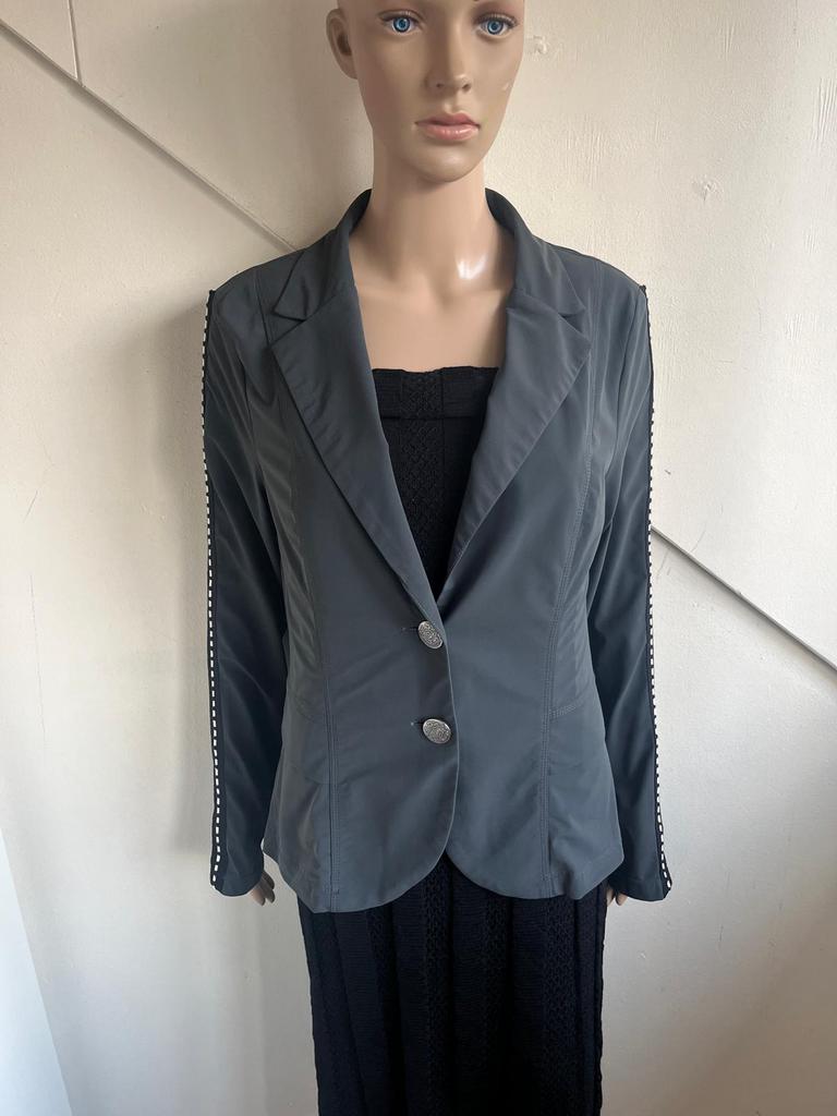 Helena Hart travelstof blazer maat 40 grijs zwart wit bies, Maat 38/40 (M), Ophalen of Verzenden, Zo goed als nieuw, Jasje