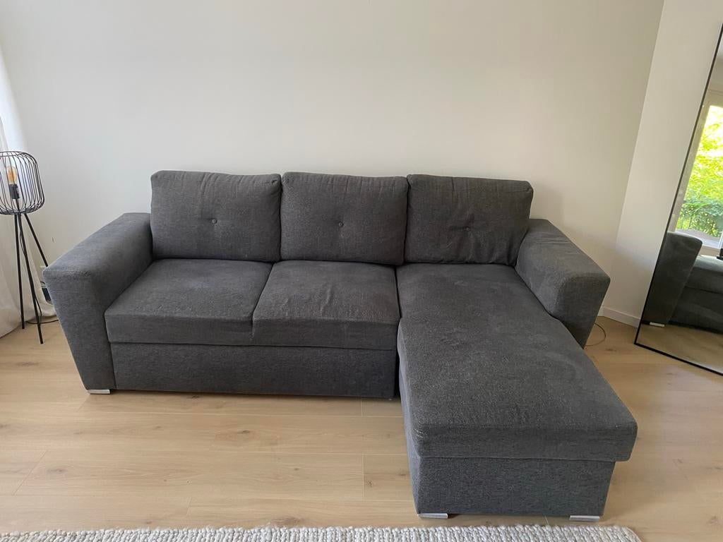 Grijze Jysk hoekbank/ slaapbank met opbergruimte, Huis en Inrichting, Banken | Bankstellen, Ophalen, 100 tot 125 cm, Hoekbank