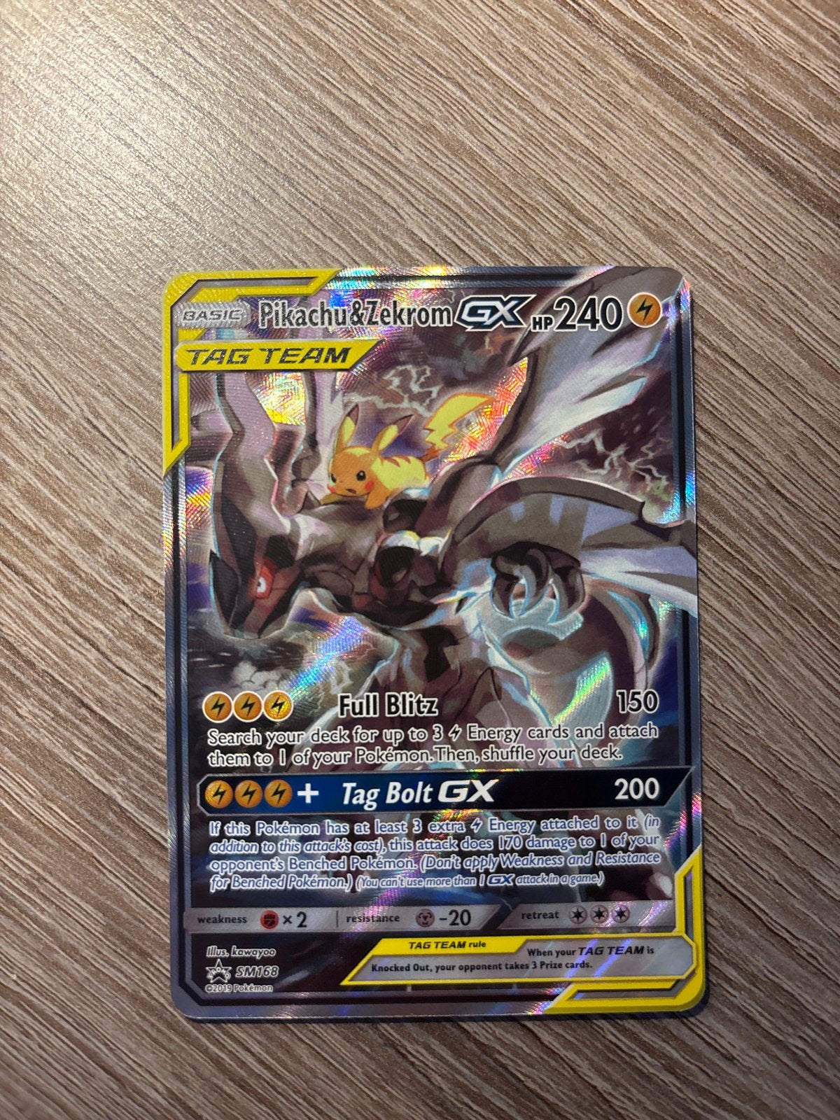 Pikachu & Zekrom GX TAG TEAM SM168, Ophalen of Verzenden, Zo goed als nieuw, Losse kaart, Foil