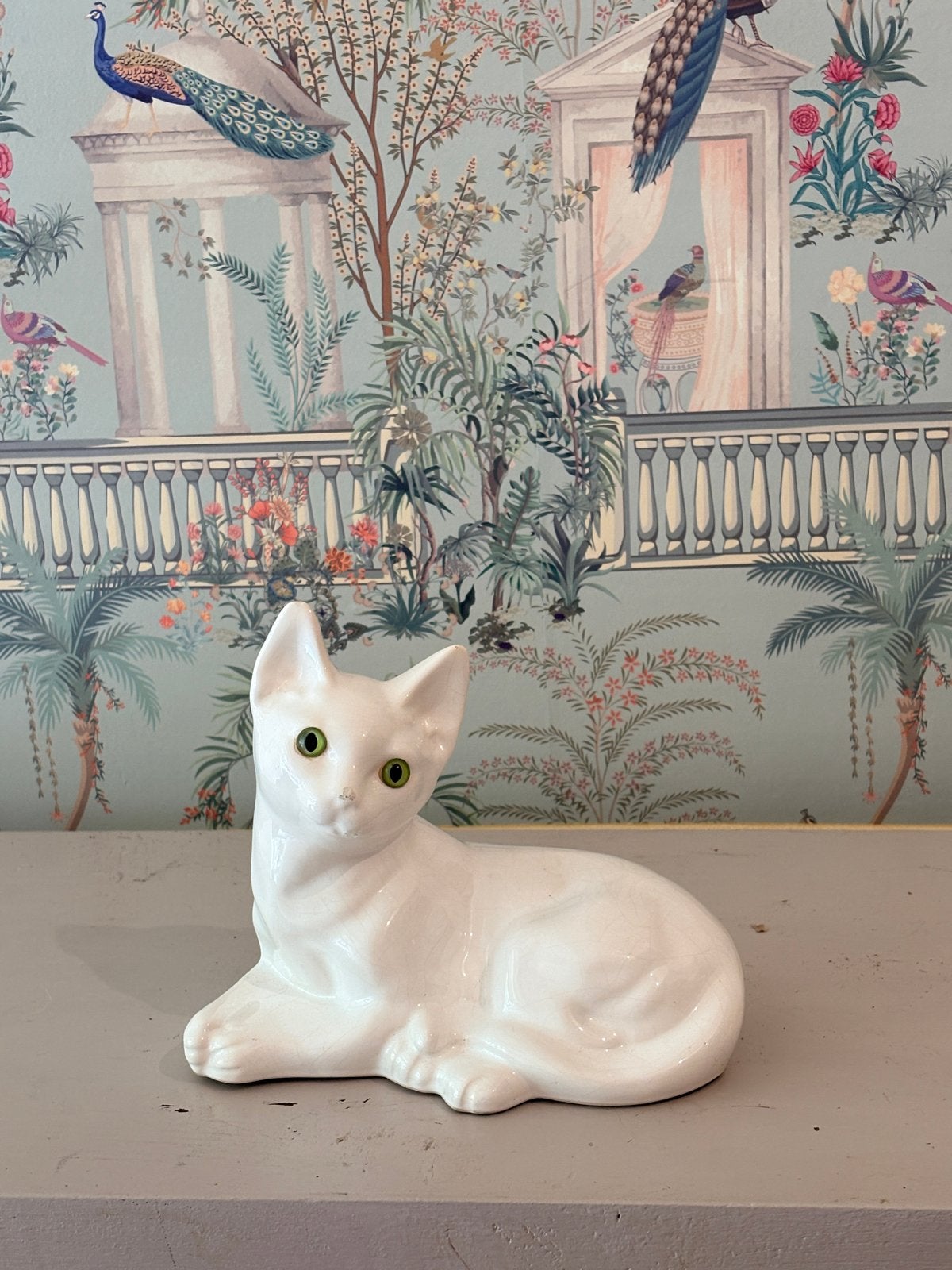 Vintage Witte Kat Beeld met Glazen Ogen, Antiek en Kunst, Ophalen of Verzenden