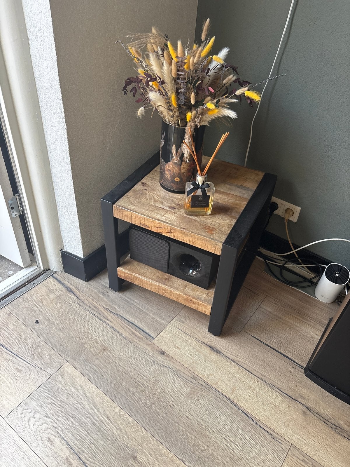 Bijzettafel 50x50x46 cm - Industrieel design, Minder dan 55 cm, Gebruikt, Vierkant, Hout