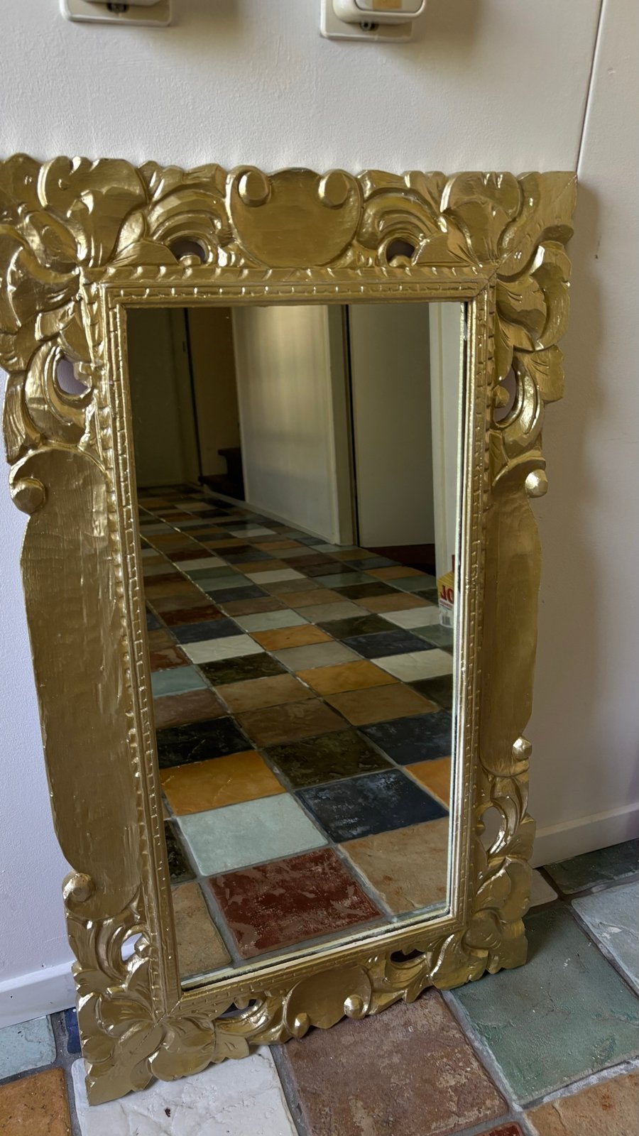 Gouden spiegel, oorspronkelijk wit, goud gespoten, Ophalen, Gebruikt, 100 tot 150 cm, Rechthoekig