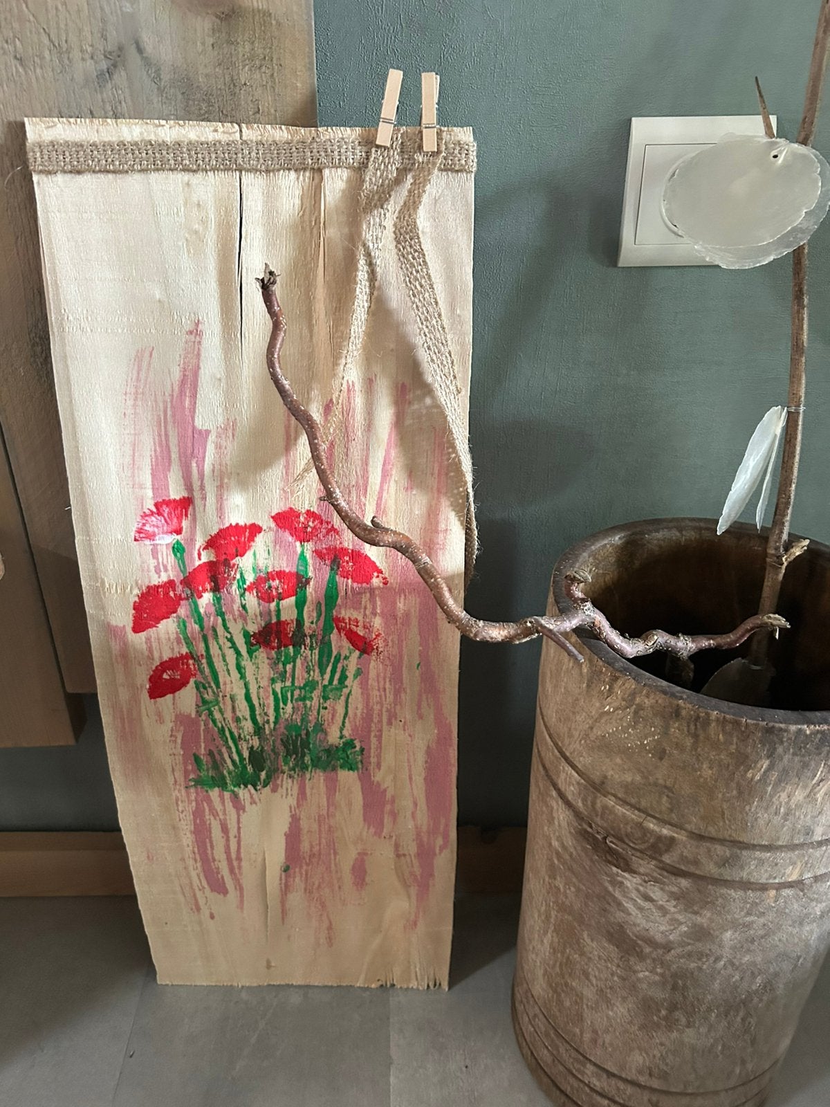 Bloemenkunst op essenhout, Huis en Inrichting, Woonaccessoires | Schilderijen, Tekeningen en Foto's, Ophalen of Verzenden, Zo goed als nieuw