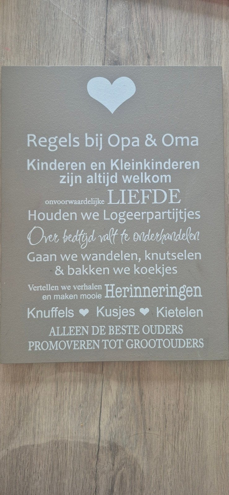 Houten bord 'Regels bij Opa & Oma' - 40x30 cm, Ophalen of Verzenden, Gebruikt, Hout