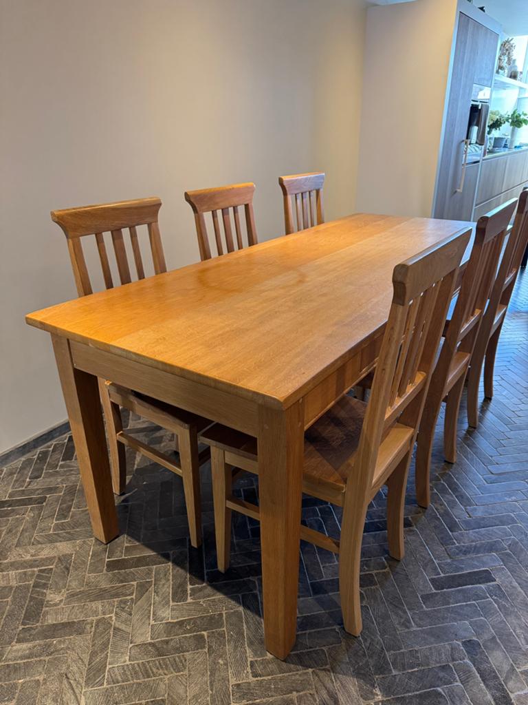 Oud grenen eettafel met 6 stoelen, Huis en Inrichting, Tafels | Eettafels, Ophalen, 200 cm of meer, 50 tot 100 cm, Zo goed als nieuw
