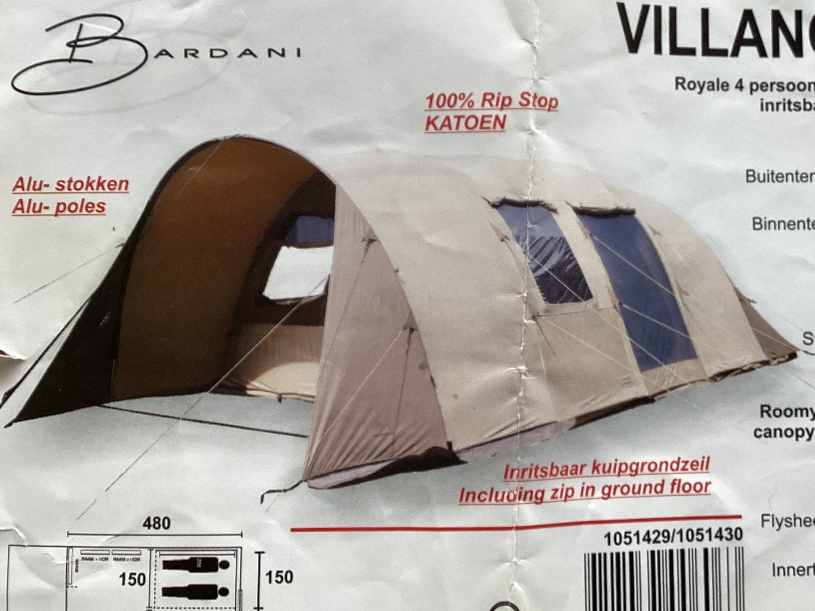 Bardani 4-persoons tunneltent Villanova 320, Ophalen, Zo goed als nieuw, Tot en met 4