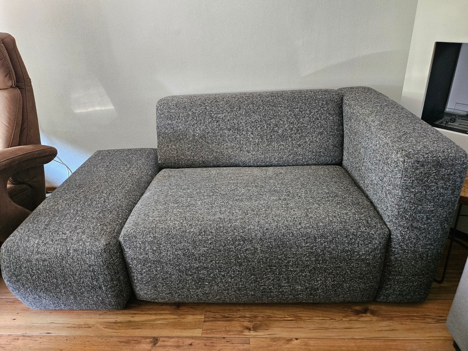 Hoekbankje met losse voetenbank - Grijs stof, Ophalen, Gebruikt, 100 tot 125 cm, 75 tot 100 cm